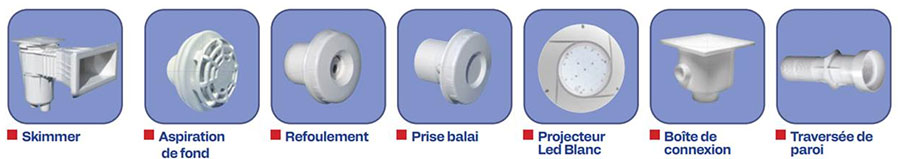 Éléments de nos kits pièces à sceller pour piscine liner