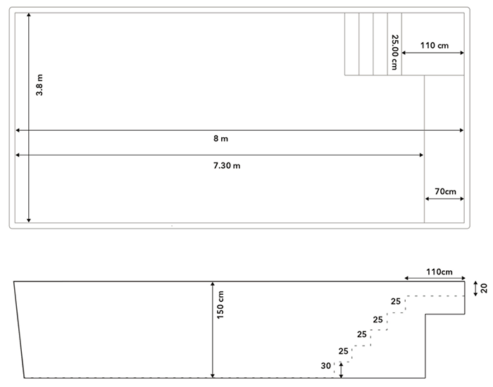 Mesures de la piscine coque vinylester Divana 8 x 3,80 m