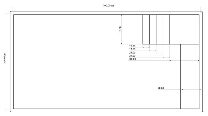 Dimensions de la piscine à coque vinylester Pietra 7 x 3,60 m