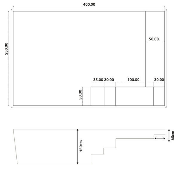 Dimensions de la piscine à coque Bella 4 x 2,50 m