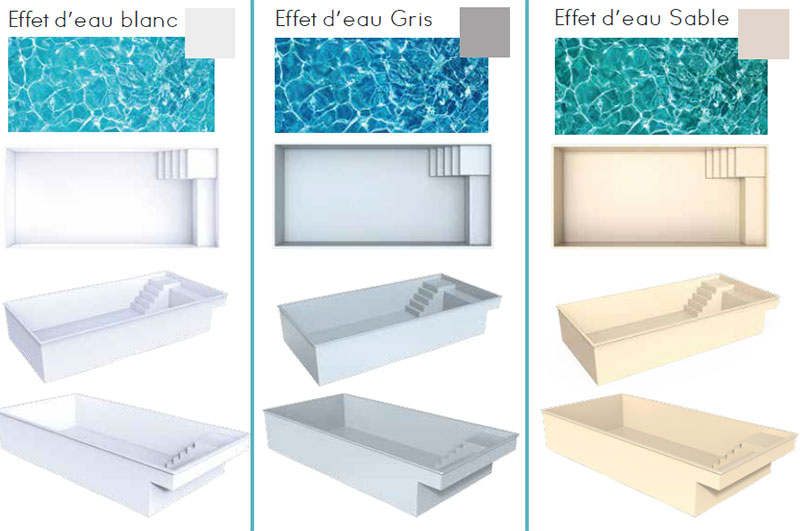 Vues 3D de la piscine coque Divana et de ses 3 coloris