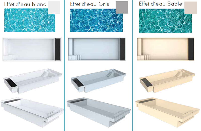 Vues 3D de la piscine coque Moorea et de ses 3 coloris